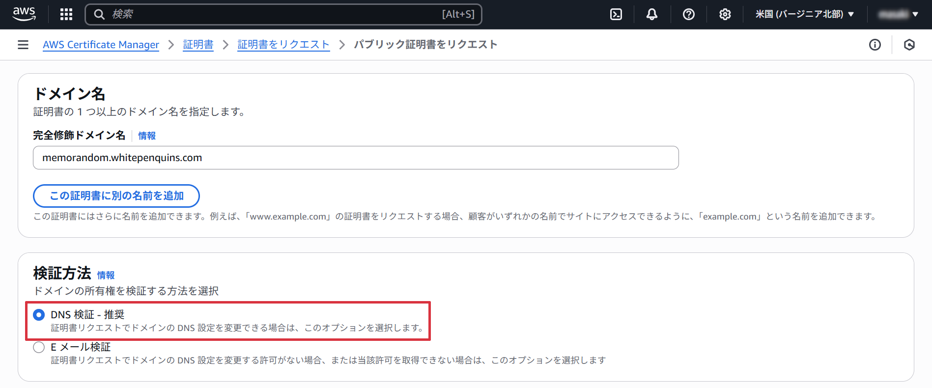 証明書ドメイン、DNS 検証を選択してリクエスト